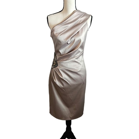 Eliza‎ J midi formal dress champagne one shoulder bronze butterfly size 6 - Picture 1 of 7